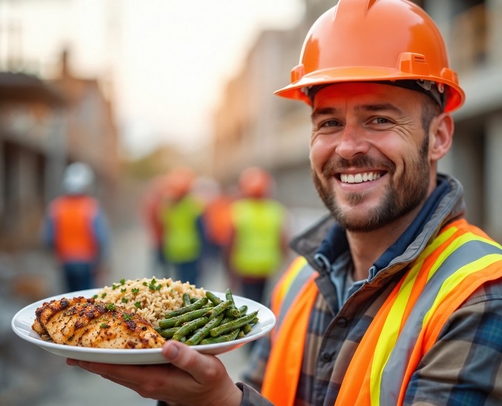 Construction crew member in a hard hat and safety vest holding a plated hot meal