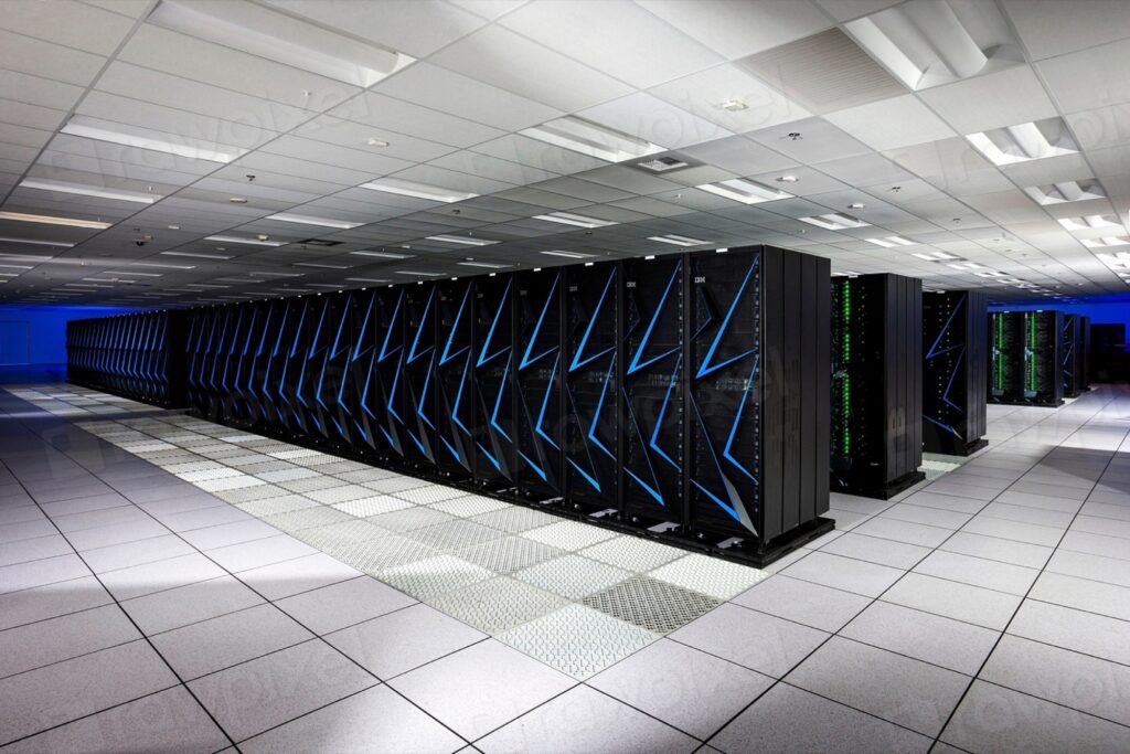 Rows of server cabinets in a clean, brightly lit data hall